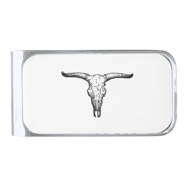 Vintage Aurochs Skull Illustration Silver Finish Money Clip (Front)
