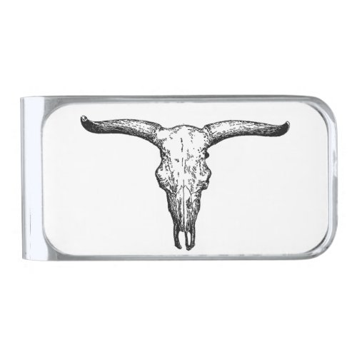 Vintage Aurochs Skull Illustration Silver Finish Money Clip