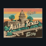 Vintage Austin, Texas - Bat City, USA Postcard<br><div class="desc">Discover the charm of vintage Austin with this retro-style postcard, affectionately known as "Bat City." Featuring a nostalgic depiction of Austin's iconic skyline and landmarks, this collectible postcard captures the essence of a bygone era with a stylish, retro flair. Perfect for enthusiasts of historic travel art and lovers of Austin’s...</div>