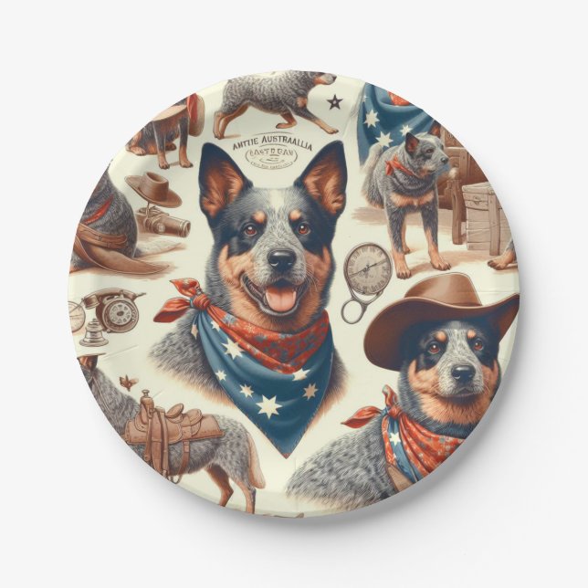 Vintage Australian Cattle Dog Illustration Paper Plates (Front)