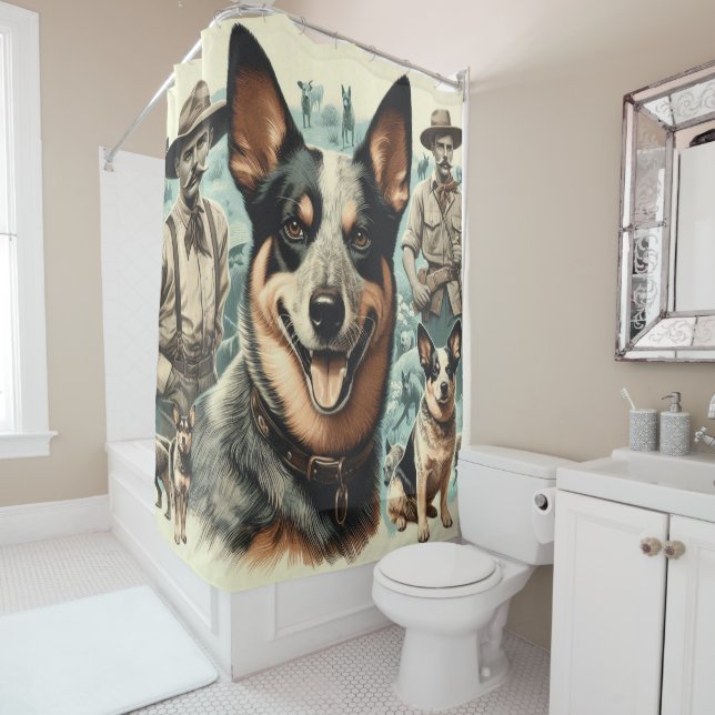 Vintage Australian Cattle Dog Illustration Shower Curtain (In Situ)