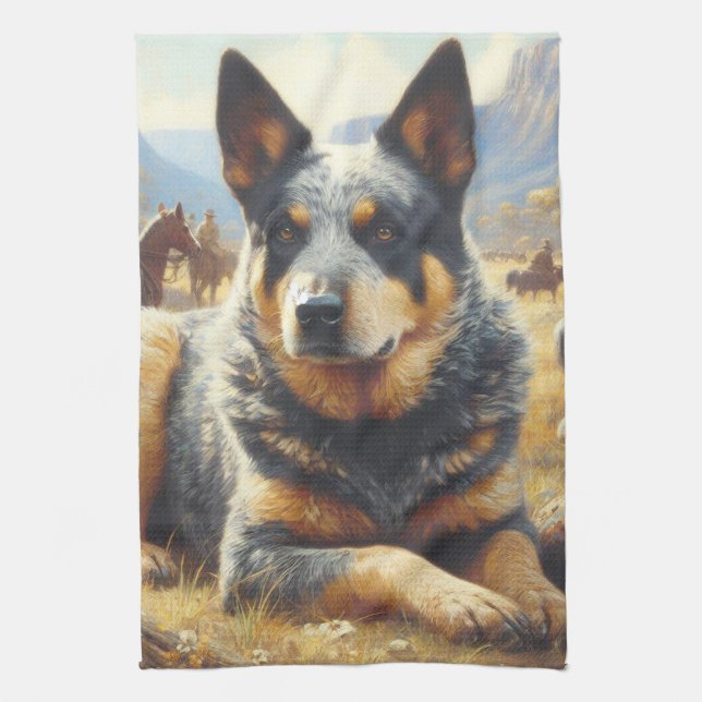 Vintage Australian Cattle Dog Painting Kitchen Towel (Vertical)