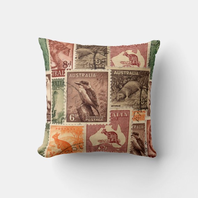 Vintage Australian Postage Stamps Collection Throw Pillow (Front)