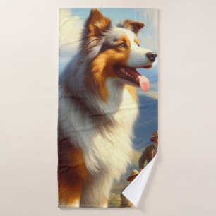 Vintage Australian Shepherd Painting Bath Towel