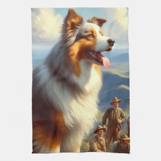 Vintage Australian Shepherd  Painting Kitchen Towel (Vertical)