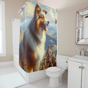 Vintage Australian Shepherd Painting Shower Curtain