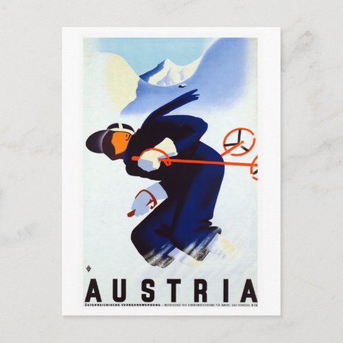 Vintage Austria Skiing Travel Poster Postcard