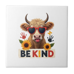 Vintage Autism Highland Cow Be Kind Rainbow Puzzle Ceramic Tile