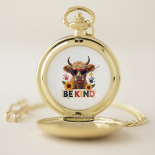 Vintage Autism Highland Cow Be Kind Rainbow Puzzle Pocket Watch