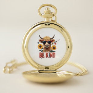 Vintage Autism Highland Cow Be Kind Rainbow Puzzle Pocket Watch