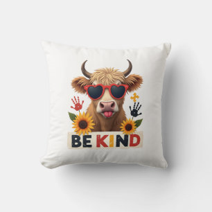 Vintage Autism Highland Cow Be Kind Rainbow Puzzle Throw Pillow