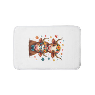 Vintage Autism Highland Cow Trio Peeking Cute Cow  Bath Mat