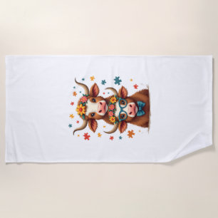 Vintage Autism Highland Cow Trio Peeking Cute Cow Beach Towel