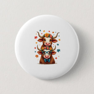 Vintage Autism Highland Cow Trio Peeking Cute Cow  Button