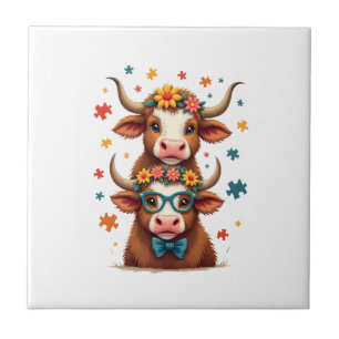 Vintage Autism Highland Cow Trio Peeking Cute Cow Ceramic Tile