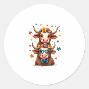 Vintage Autism Highland Cow Trio Peeking Cute Cow Classic Round Sticker