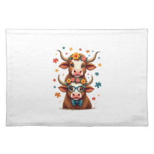 Vintage Autism Highland Cow Trio Peeking Cute Cow Cloth Placemat