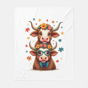 Vintage Autism Highland Cow Trio Peeking Cute Cow  Fleece Blanket