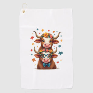 Vintage Autism Highland Cow Trio Peeking Cute Cow Golf Towel