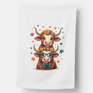Vintage Autism Highland Cow Trio Peeking Cute Cow  House Flag