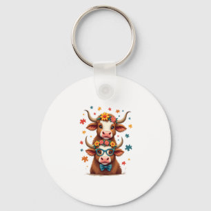 Vintage Autism Highland Cow Trio Peeking Cute Cow Keychain