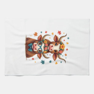 Vintage Autism Highland Cow Trio Peeking Cute Cow Kitchen Towel