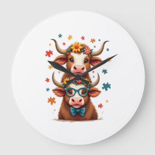 Vintage Autism Highland Cow Trio Peeking Cute Cow Large Clock