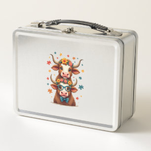 Vintage Autism Highland Cow Trio Peeking Cute Cow Metal Lunch Box