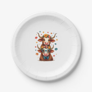 Vintage Autism Highland Cow Trio Peeking Cute Cow Paper Plates