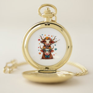 Vintage Autism Highland Cow Trio Peeking Cute Cow Pocket Watch