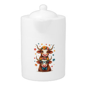 Vintage Autism Highland Cow Trio Peeking Cute Cow Teapot