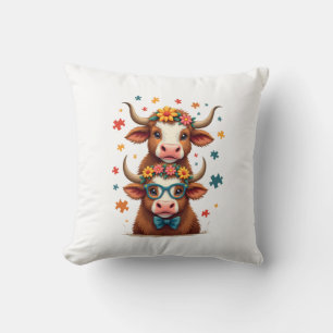 Vintage Autism Highland Cow Trio Peeking Cute Cow  Throw Pillow