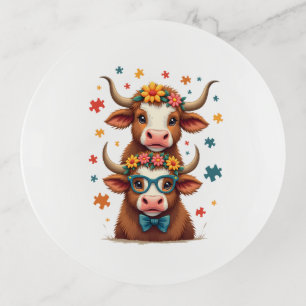 Vintage Autism Highland Cow Trio Peeking Cute Cow Trinket Tray