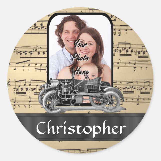 Vintage auto and music sheet classic round sticker (Front)