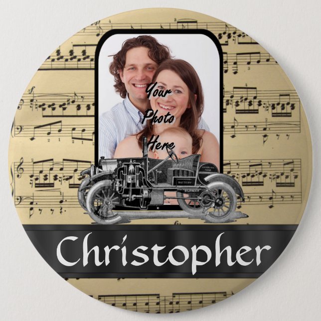 Vintage auto and music sheet pinback button (Front)