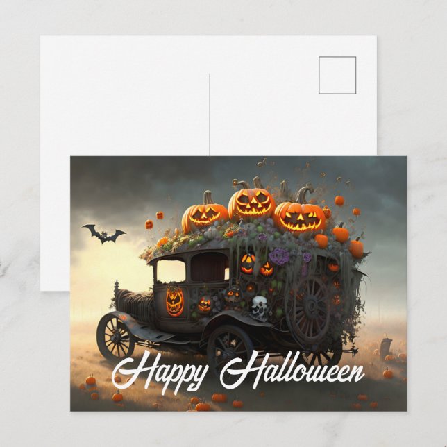 Vintage Automobile and Pumpkins Halloween  Postcard (Front/Back)