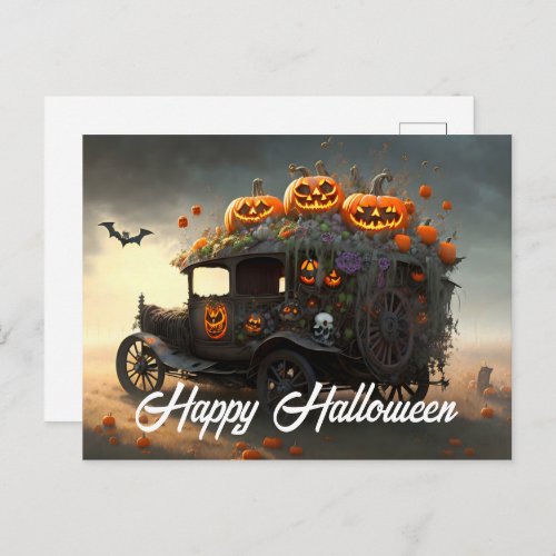 Vintage Automobile and Pumpkins Halloween  Postcard
