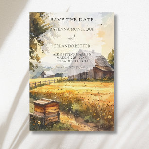 Vintage Autumn Barn Meadow Watercolor Wedding Save The Date