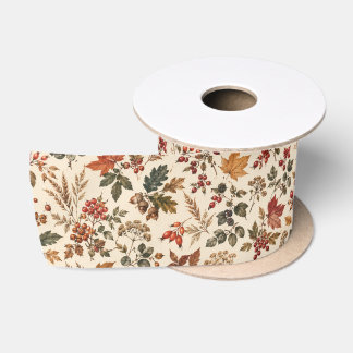 Vintage Autumn Berries Oak Leaves Botanical Satin Ribbon