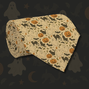 Vintage Autumn Black Cats & Pumpkins Halloween Neck Tie