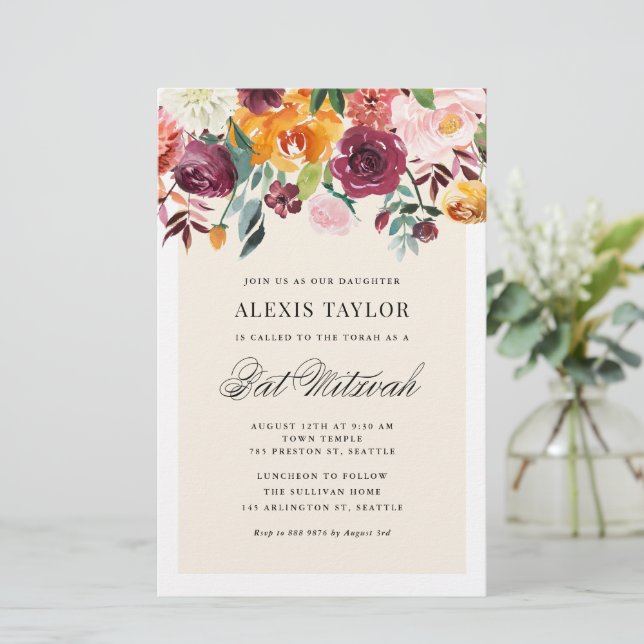 Vintage Autumn Blooms Bat Mitzvah Invitation (Standing Front)