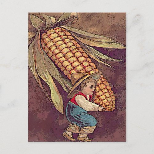 vintage autumn boy with corn postcard