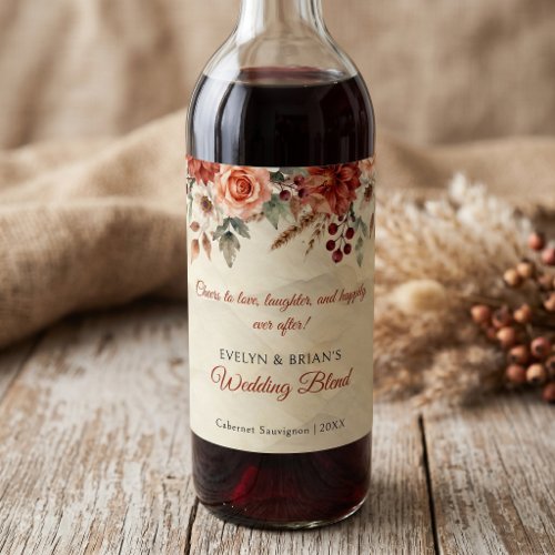 Vintage Autumn Burgundy Blush Floral Boho Wedding Wine Label