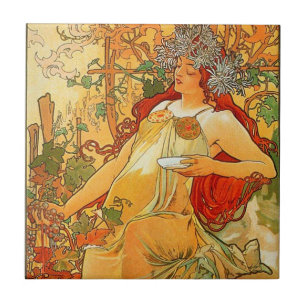 Vintage Autumn by Alphonse Mucha Ceramic Tile