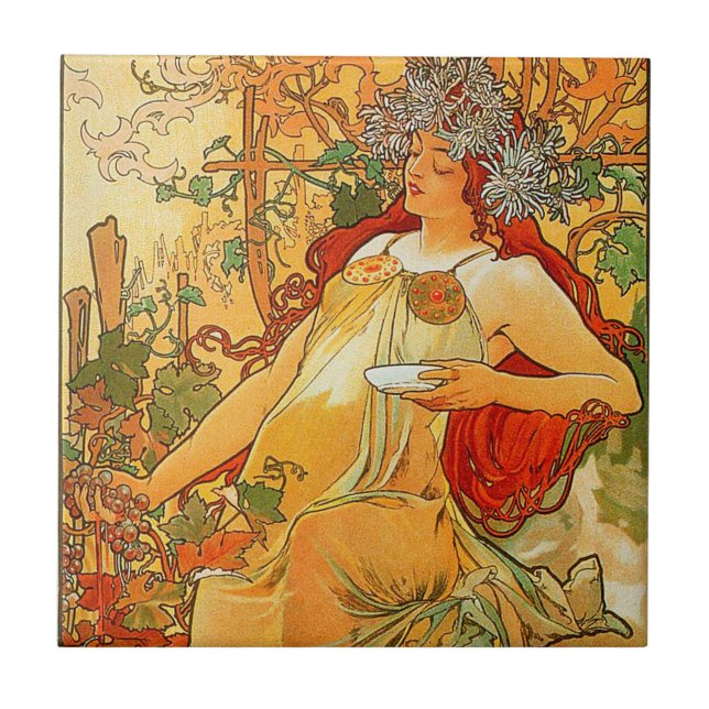 Vintage Autumn by Alphonse Mucha Ceramic Tile (Front)