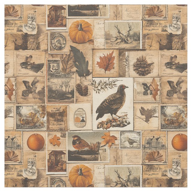 Vintage Autumn Collage Pattern | Rustic Ephemera Fabric (Close Up)