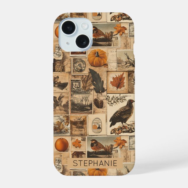Vintage Autumn Collage Pattern | Rustic Ephemera Iphone Case (Back)