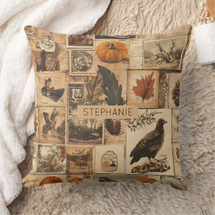 Vintage Autumn Collage Pattern Rustic Ephemera Throw Pillow