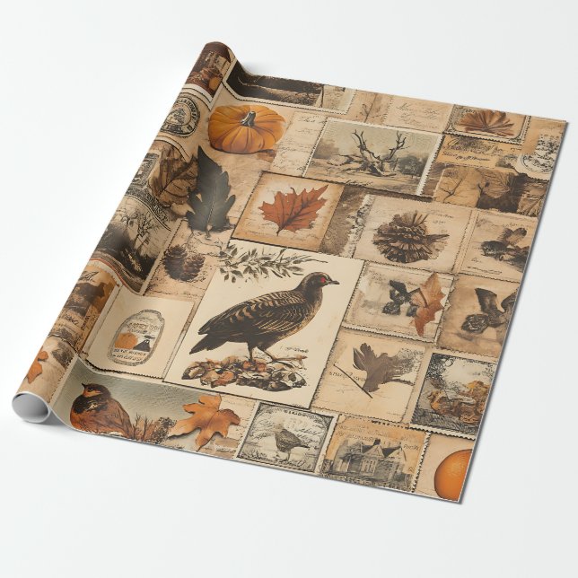 Vintage Autumn Collage Pattern | Rustic Ephemera Wrapping Paper (Unrolled)