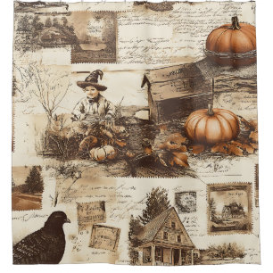 Vintage Autumn Collage   Rustic Sepia Ephemera Shower Curtain
